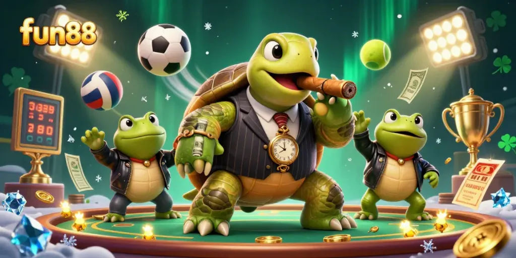 Experience fun88 excitement with a 3D illustration showcasing lively casino elements and characters.