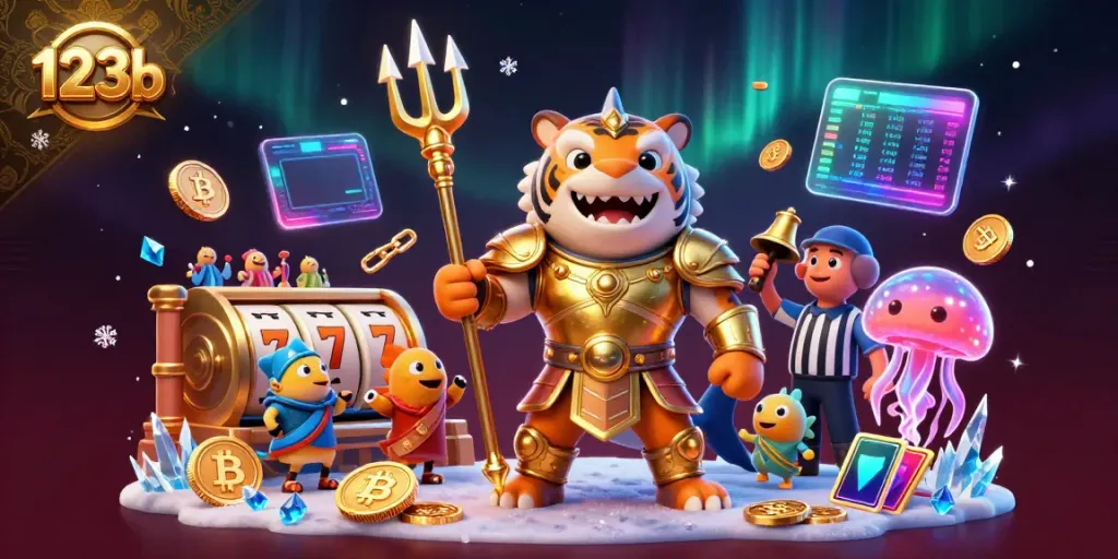 Experience thrilling action at 123b with a golden gladiator shark in a vibrant underwater casino.