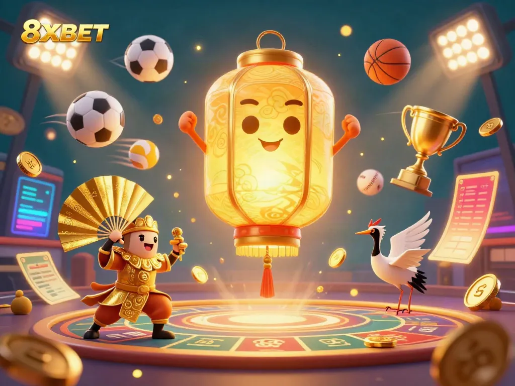 Experience the excitement of 8XBET with a dazzling 3D casino illustration featuring vibrant gaming elements and dynamic characters.