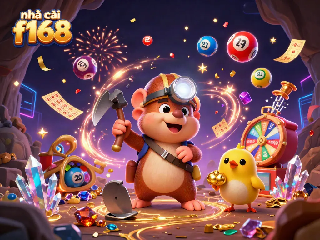 Experience the excitement of nhà cái f168 with a lively illustration of a treasure-hunting mole and dynamic lottery elements.