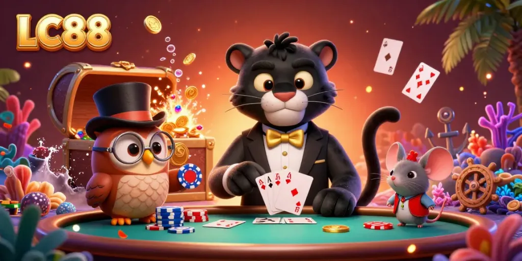 Engaging casino scene with LC88 brand featuring a stylish panther dealing cards amidst treasures.