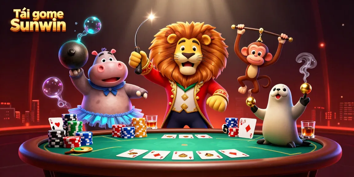 Tải game Sunwin with colorful characters in a lively casino scene featuring poker action.