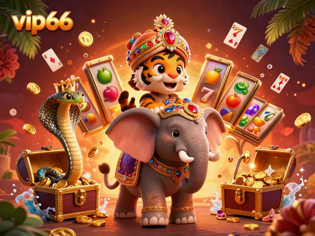 Engage with the vibrant slot game adventure at vip66 featuring a royal tiger and jewel-encrusted elephant.