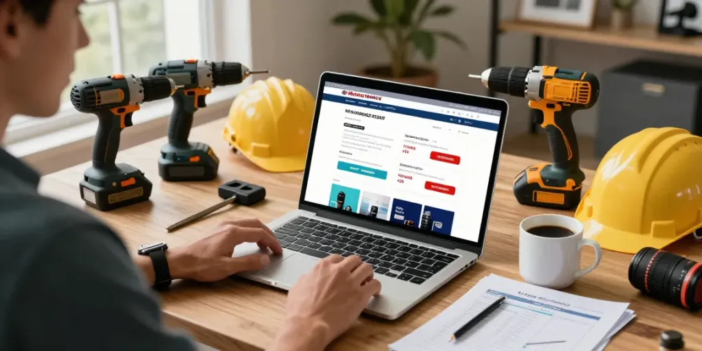 Finding Mister Worker discount code while shopping online at a home office.
