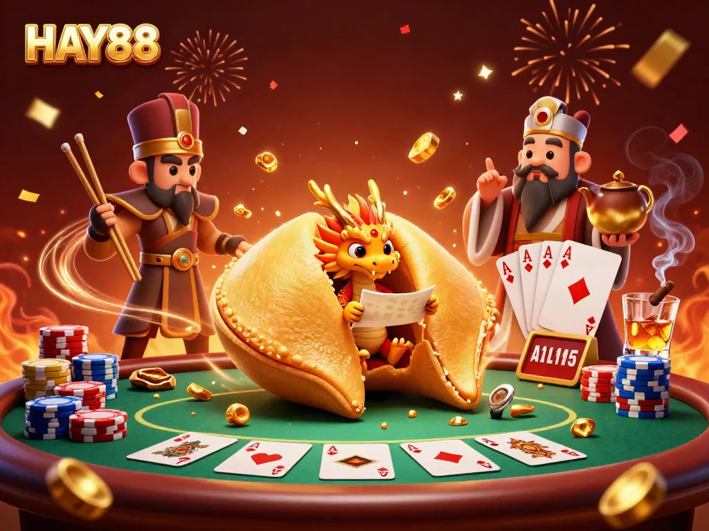 Engage with HAY88's vibrant 3D casino world, featuring a golden fortune cookie theme.