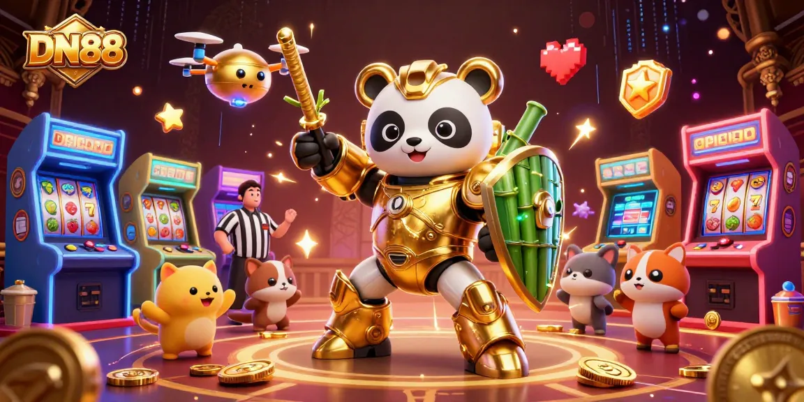 Engage in exciting slots at DN88 with golden panda-themed casino illustration featuring vibrant gaming elements.