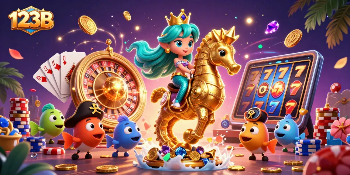 Experience thrilling gameplay with 123B's colorful characters and vibrant casino elements in this dynamic illustration.