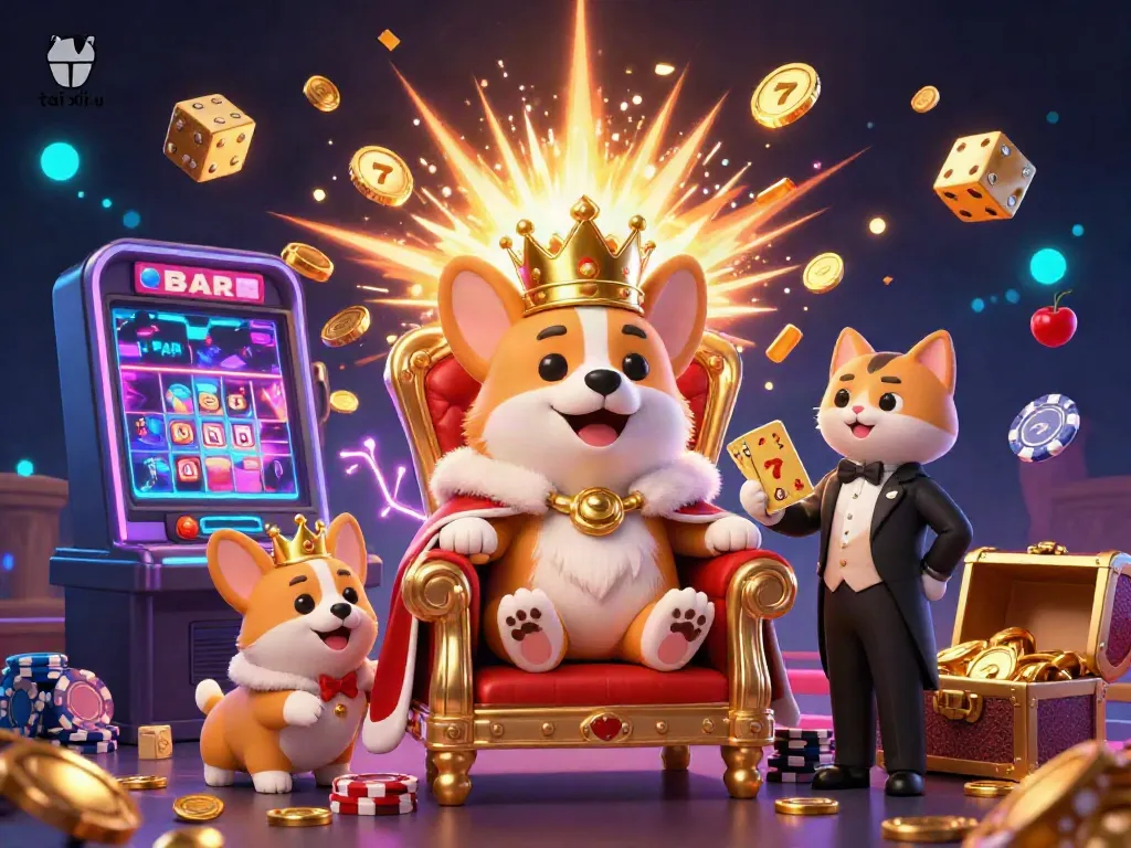 Experience big wins in tai xiu as royal corgis celebrate around vibrant slot machines and game elements.