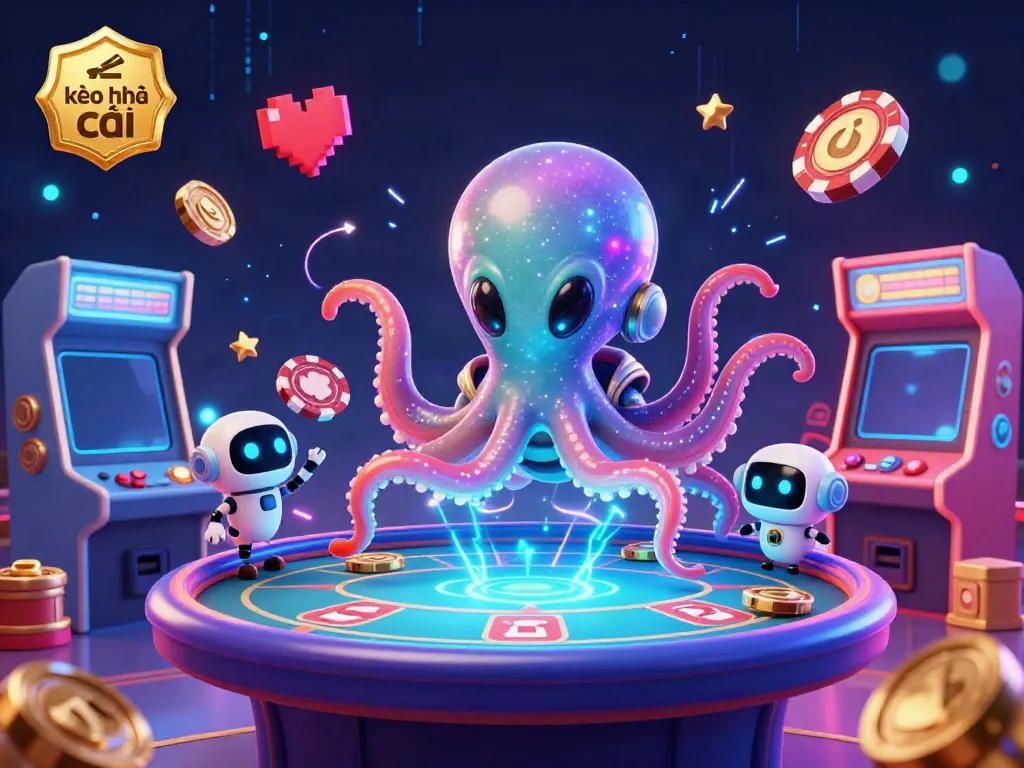 Experience kèo nhà cái excitement with a vibrant 3D scene of alien characters playing poker in a dynamic casino environment.