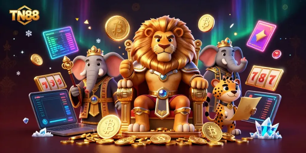 Engage with the thrilling TN88 casino scene featuring characters and striking game elements.