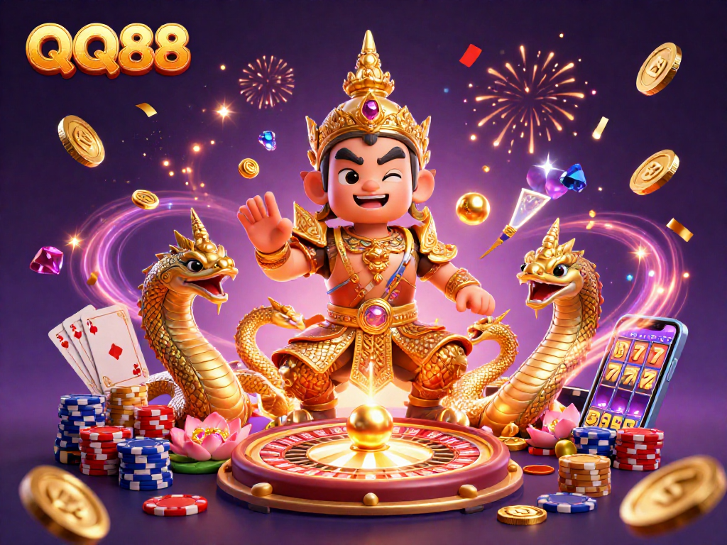 Experience thrills with QQ88's exciting games, featuring animated characters and casino elements.