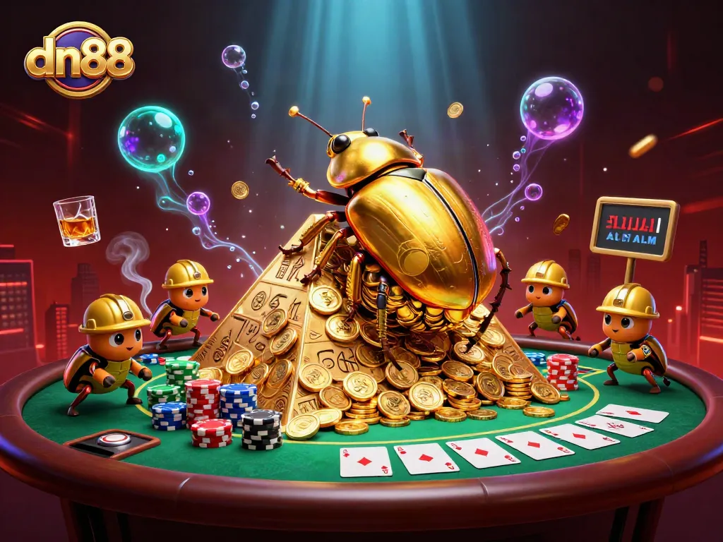 Engage with dn88 as a golden beetle rolls coins in a vibrant casino scene.