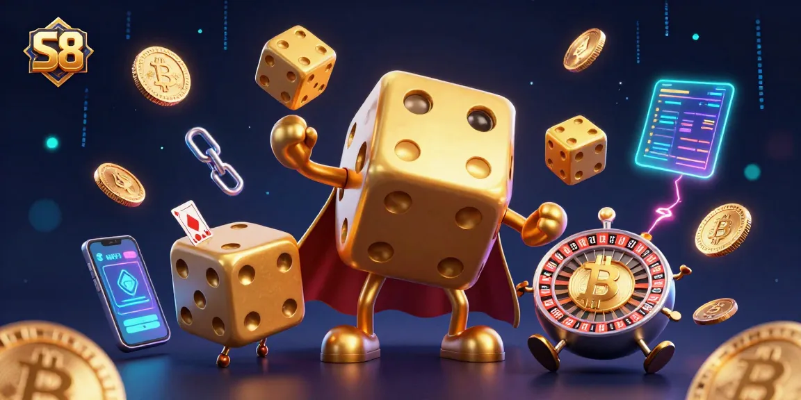 Engage with S8 as a thrilling online casino scene featuring a playful dice golem and vibrant crypto elements.