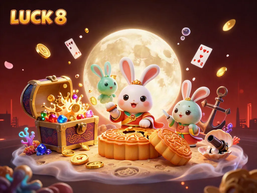 LUCK 8 showcases a vibrant casino scene with moon rabbit characters amid gold coins and poker chips.