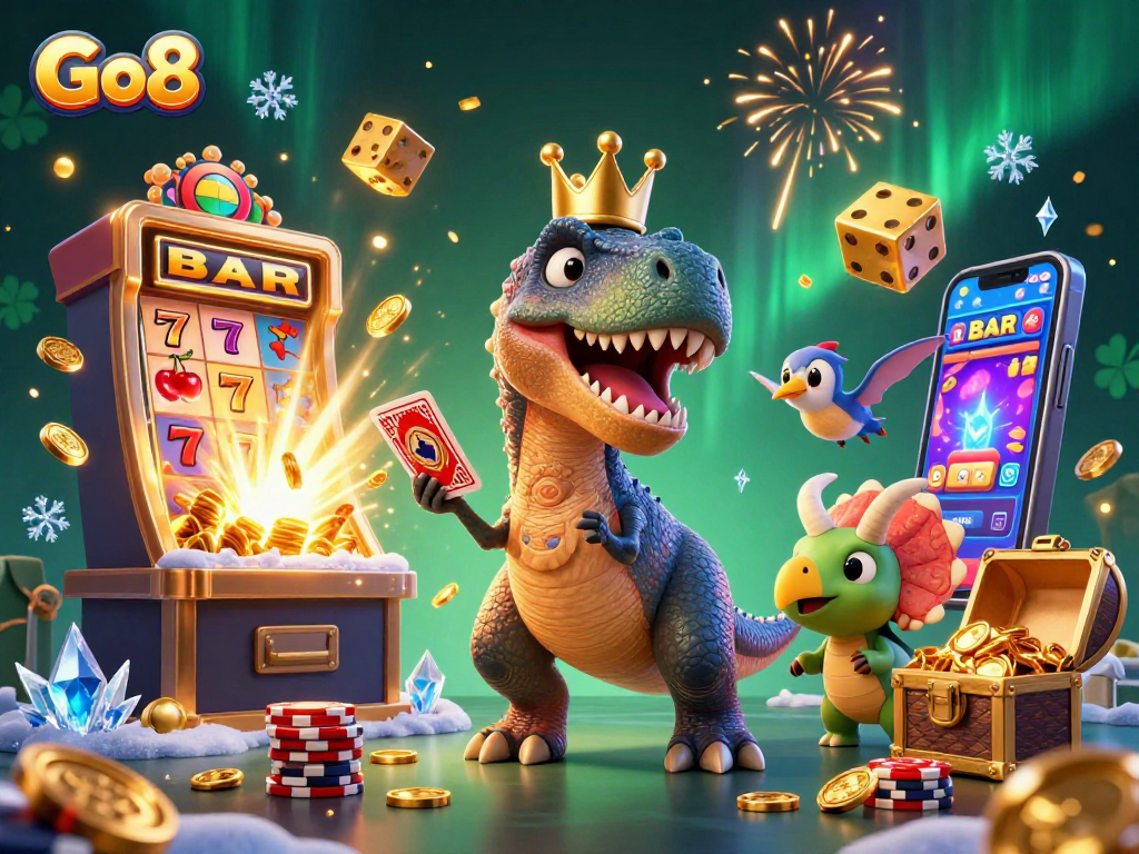 Spin and win at Go8 with a charming T-Rex and friends in a vibrant casino scene.