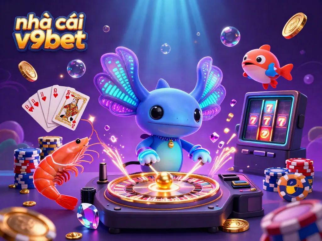 Experience vibrant gameplay at nhà cái v9bet with a dynamic 3D illustration featuring lively characters and casino elements.