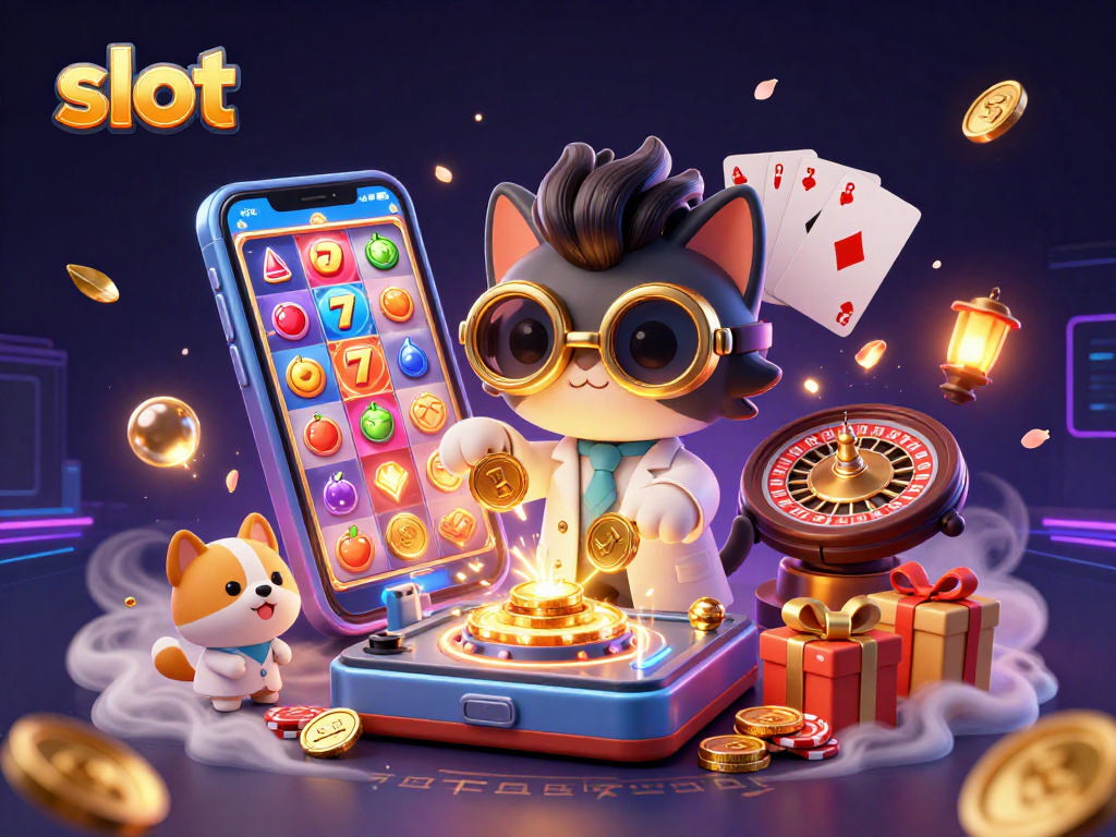 Spin the slot reels with golden coins erupting as the mad scientist cat and dog assist in this lively casino scene.