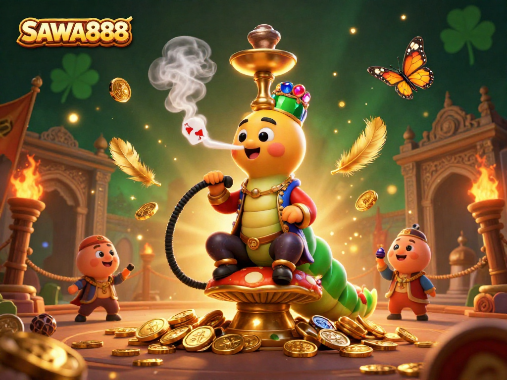 Experience thrilling gameplay at SAWA888 with dynamic slots and engaging casino elements surrounding a whimsical character.