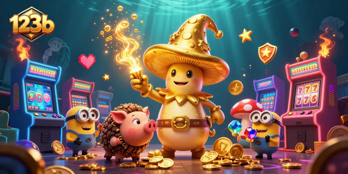 Spin to win with 123b's magical golden wizard in an enchanting casino scene filled with treasures.
