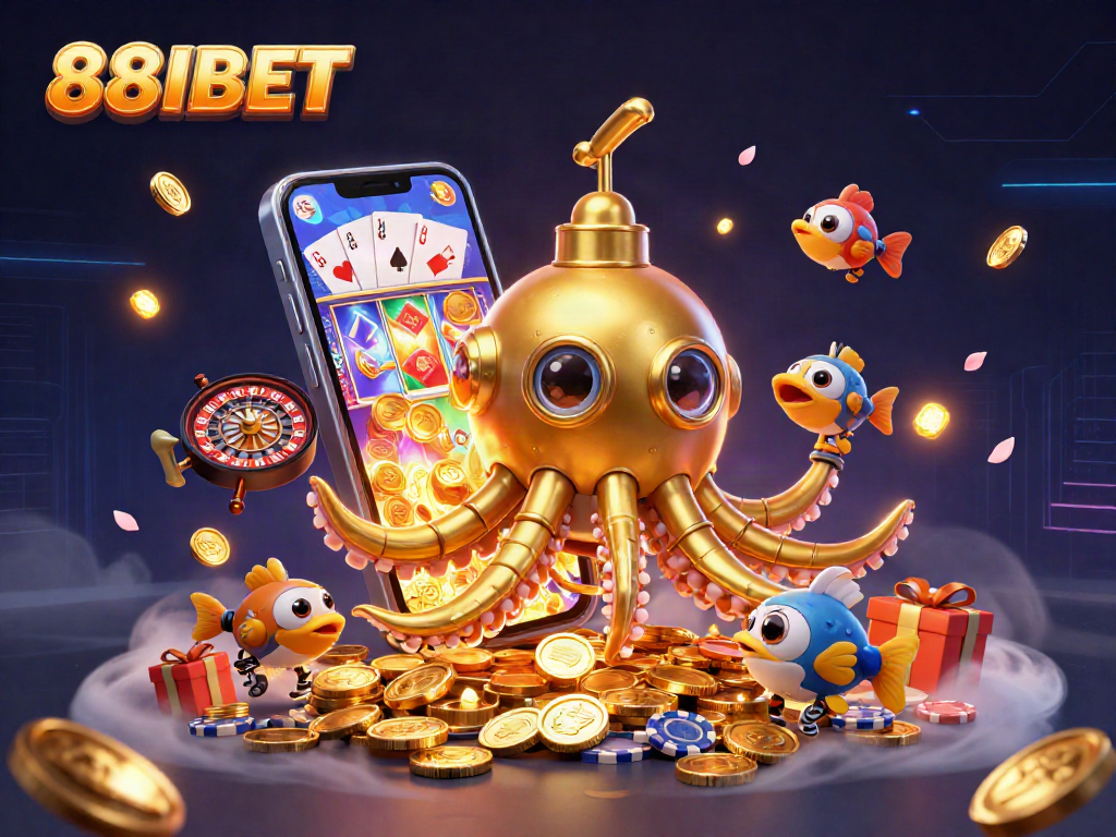 Experience thrilling gameplay with 88IBET's golden kraken submarine and vibrant casino elements.