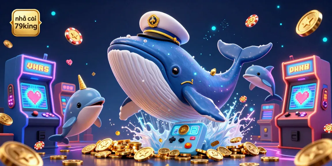 Engagingly showcasing nhà cái 79king, this vibrant 3D casino-themed illustration features a whale, narwhal, and dolphins amid glowing elements and coins.