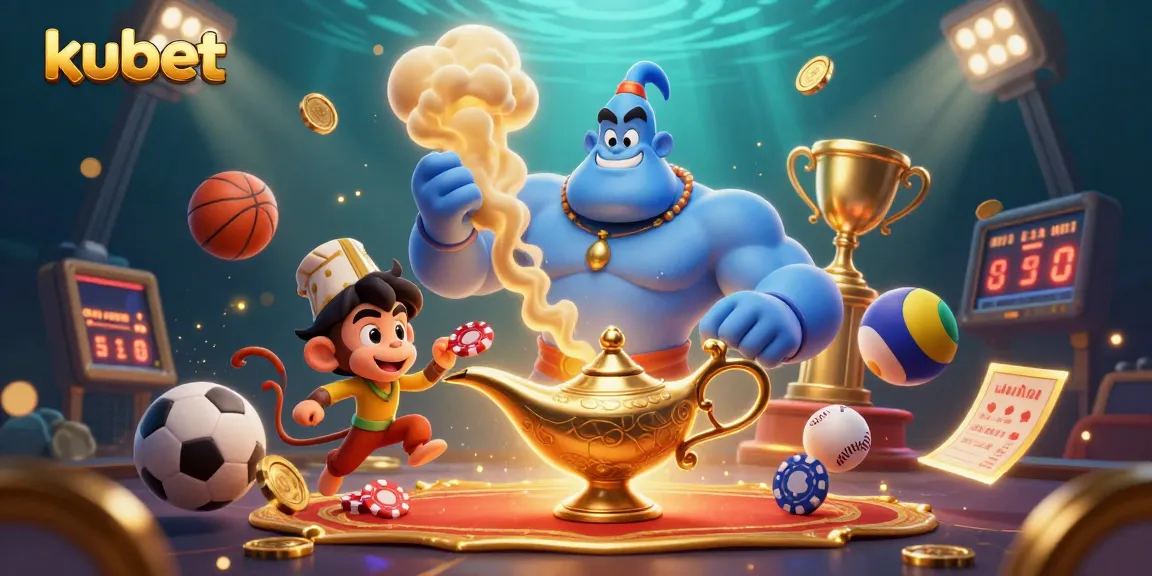 Kubet offers an exciting casino experience with a magical genie, poker chips, and sports elements.