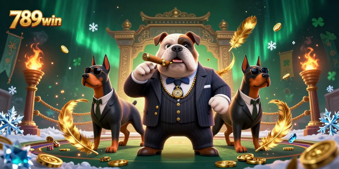 Experience thrilling action with 789win in a dramatic casino scene featuring a mafia bulldog and bodyguards.