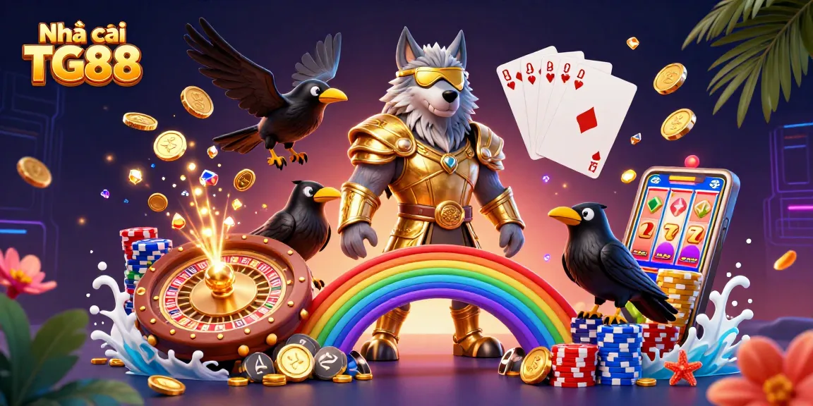 Play exciting games at Nhà cái TG88 with vibrant casino-themed illustration, showcasing dynamic elements like slot machines and poker.