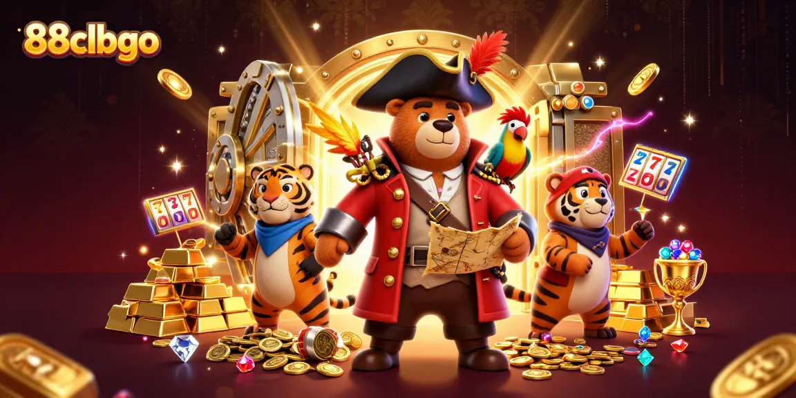 Experience the thrill at 88clbgo with a vibrant pirate scene amidst treasures and slot reels.