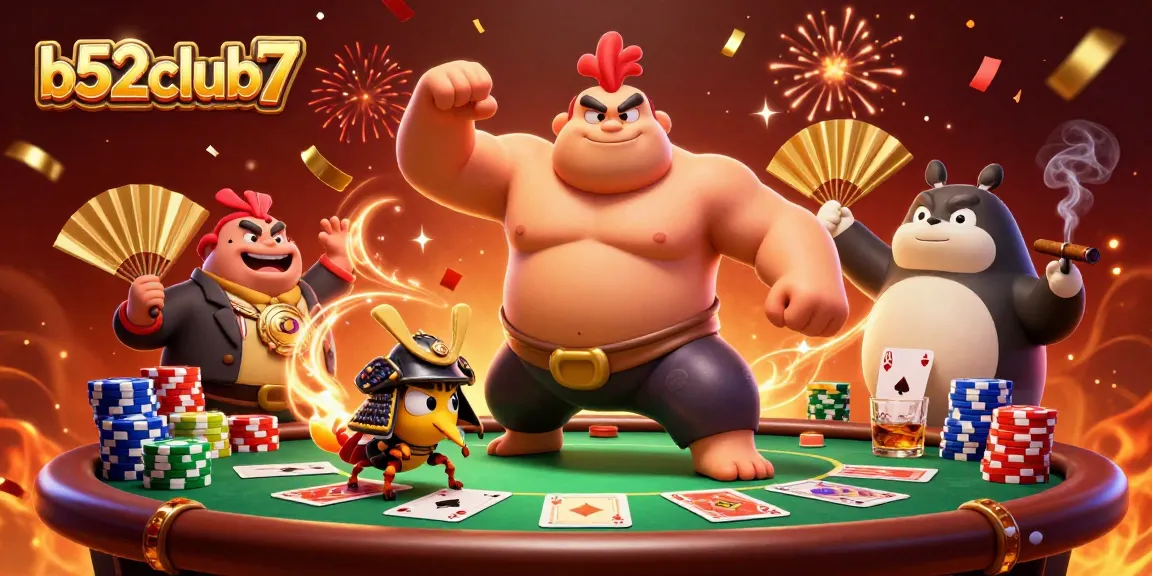 Engage in thrilling poker at b52club7 with a powerful sumo rooster and fierce samurai cricket.