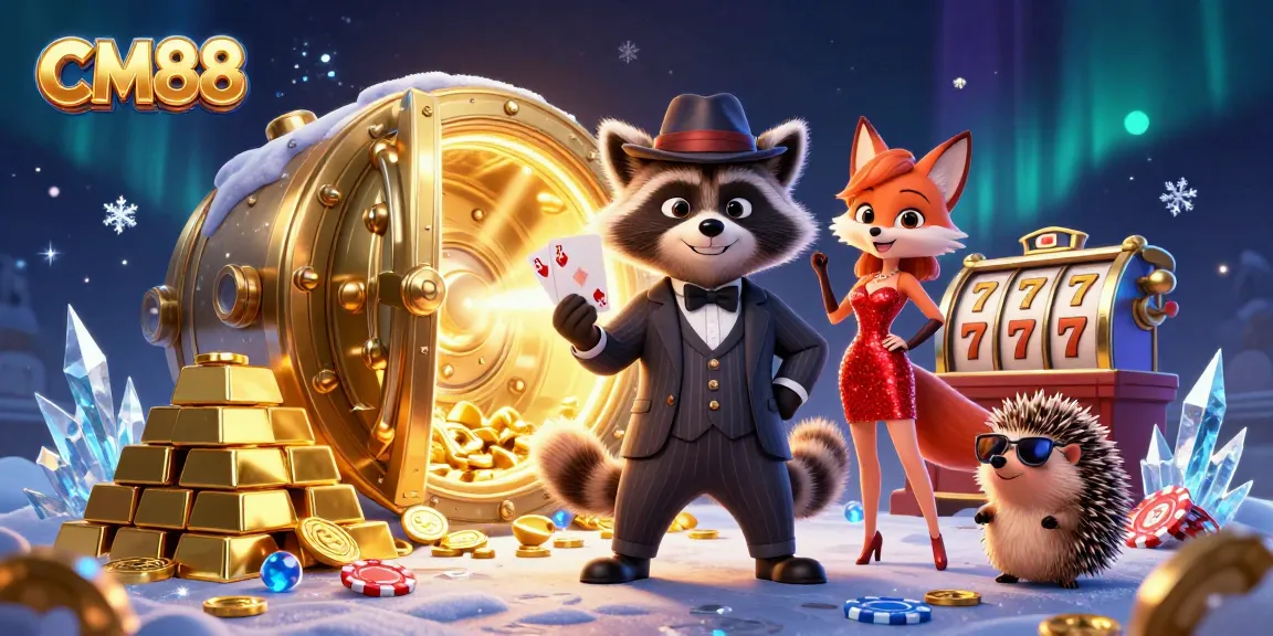 A charming raccoon holds a royal flush at CM88 casino, illuminating a vibrant scene with slot machines and gold treasures.