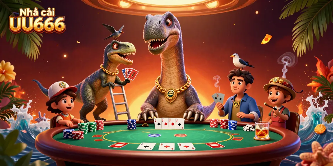 Experience fast-paced poker action with Nhà cái UU666 featuring a giant brontosaurus at a dynamic casino scene.