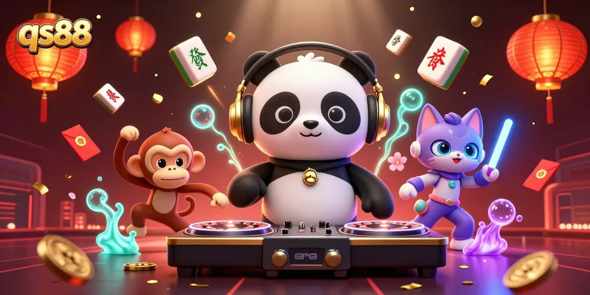 Spin the reels with qs88: a lively scene featuring a DJ panda, dancing monkey, and rave kitten at a casino party.