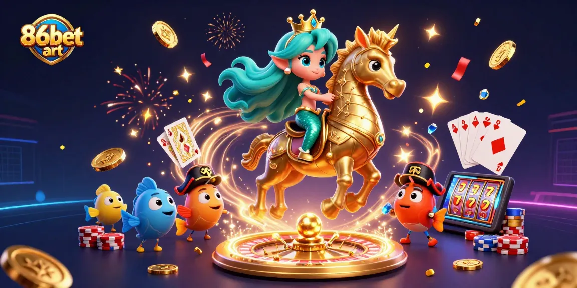 Spin with excitement at 86bet art, featuring a mermaid princess and dynamic casino elements.