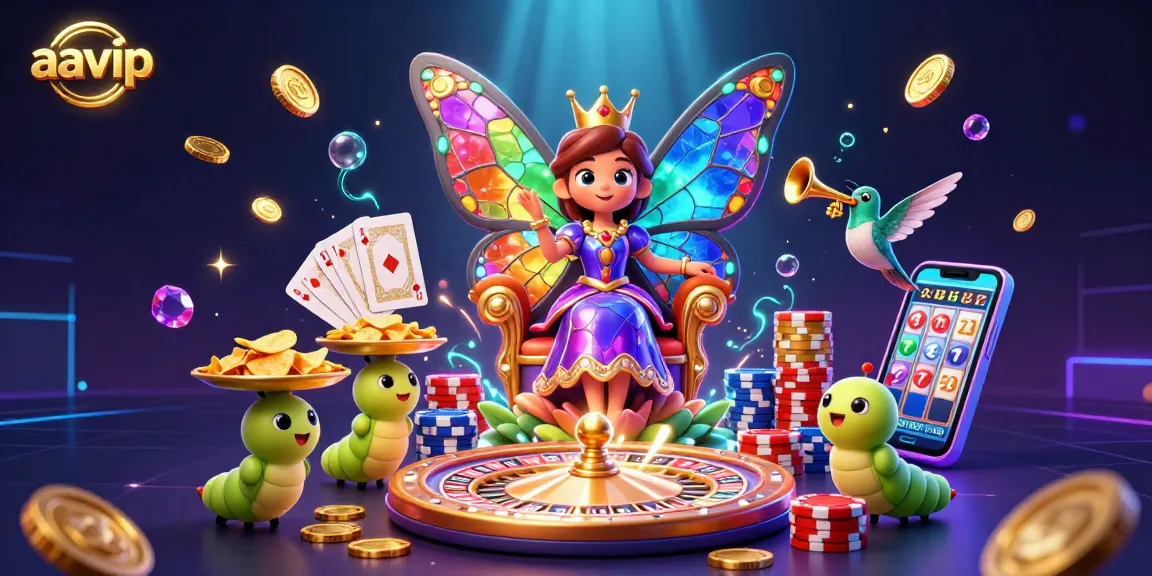 Aavip's vibrant casino experience depicted in an enchanting 3D scene featuring a butterfly queen and sparkling gems.