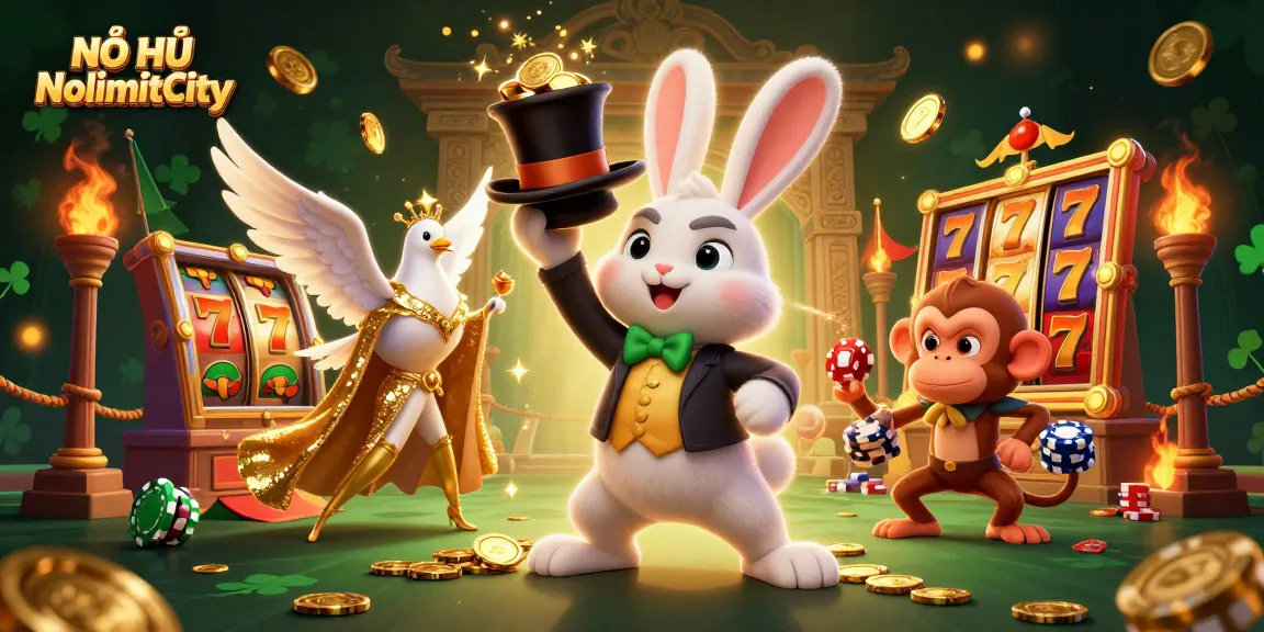 NỔ HŨ NolimitCity offers an exciting scene of slots with a rabbit magician pulling golden coins.