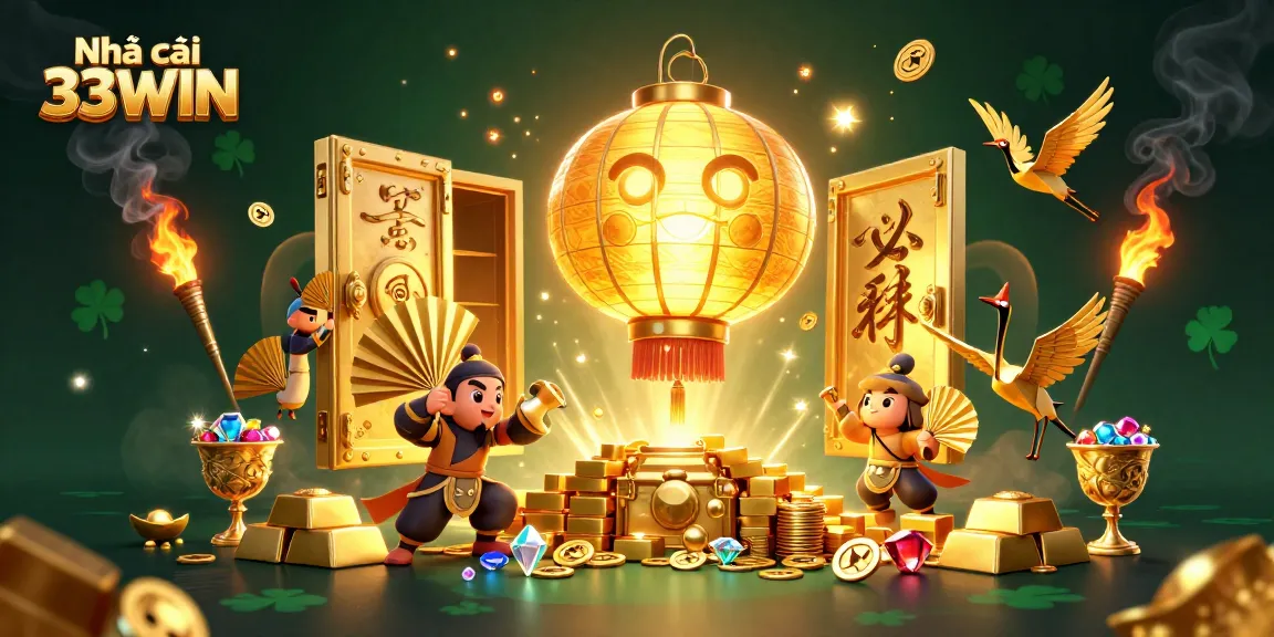 Experience a vibrant gaming adventure at Nhà cái 33WIN with glowing lanterns, treasure, and warriors.