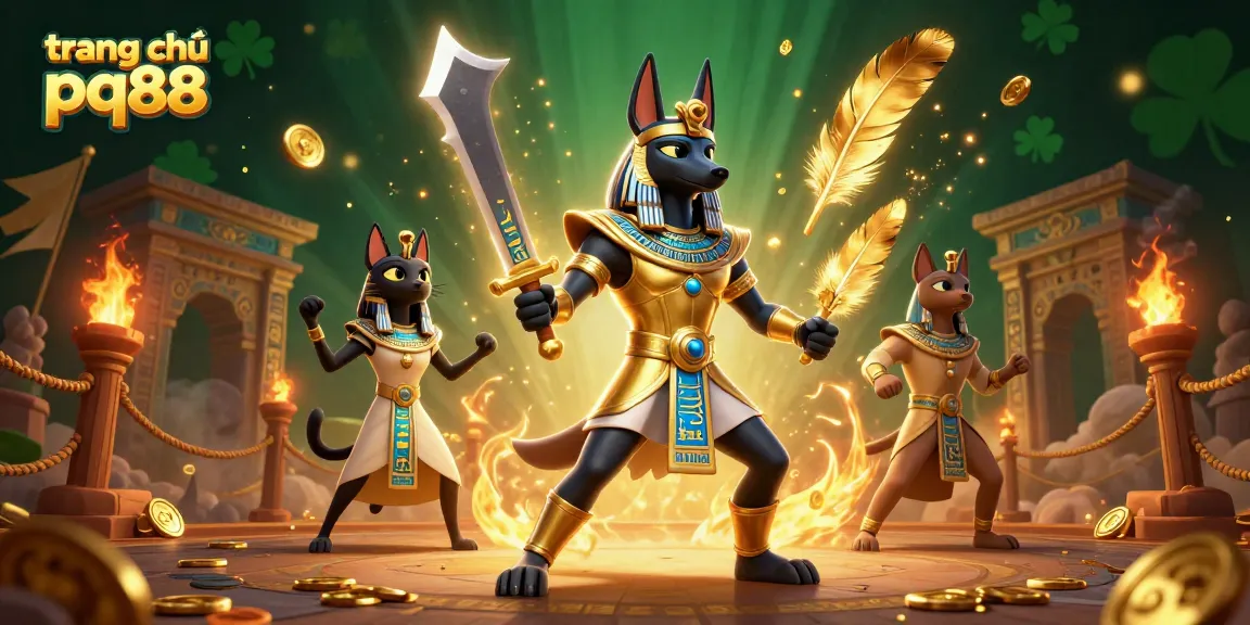 Experience exciting gaming on trang chủ pq88 with Anubis and Bastet in this immersive casino illustration.