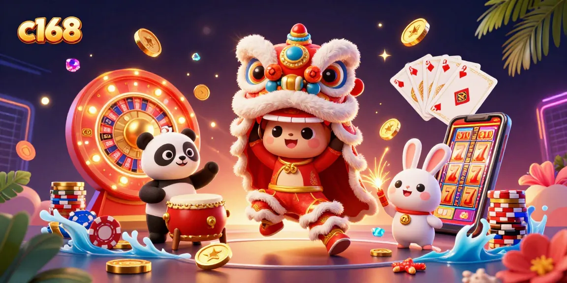 Play and win with C168: a vibrant scene of mastery in online casino gaming, featuring dynamic elements and festive characters.