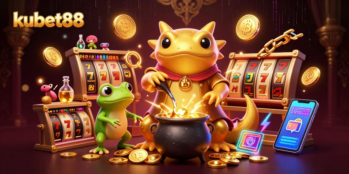 Win big at kubet88 with a vibrant scene showcasing a golden alchemist transforming coins amidst lively gaming elements.