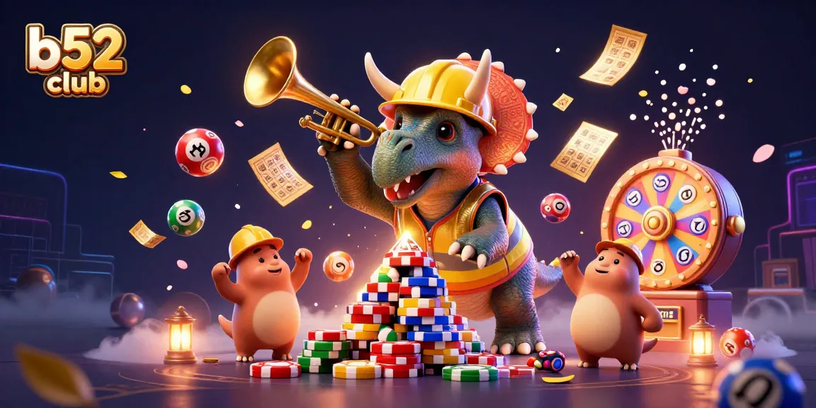 Bidding high at b52club, a 3D scene of a triceratops builds poker chip towers amidst vibrant casino elements.
