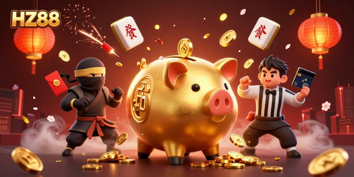 Play and win with HZ88 in a vibrant casino illustration featuring epic characters and dynamic elements.