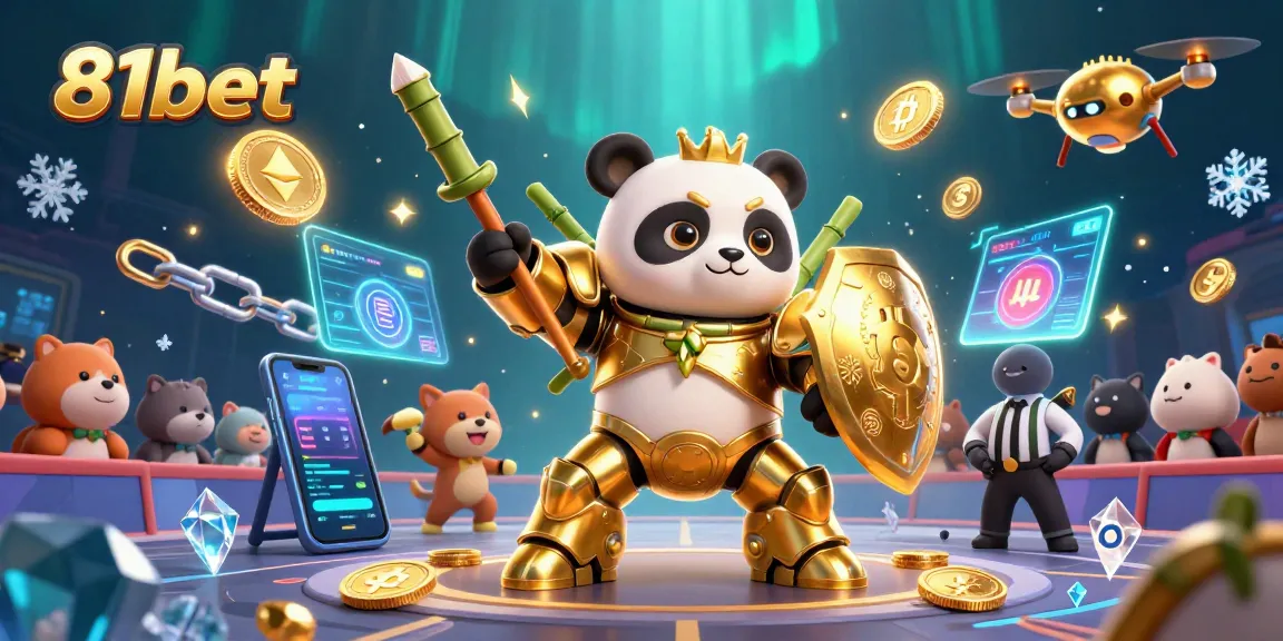 Engage with thrilling games at 81bet featuring a lively arena with a golden panda and NFT elements.