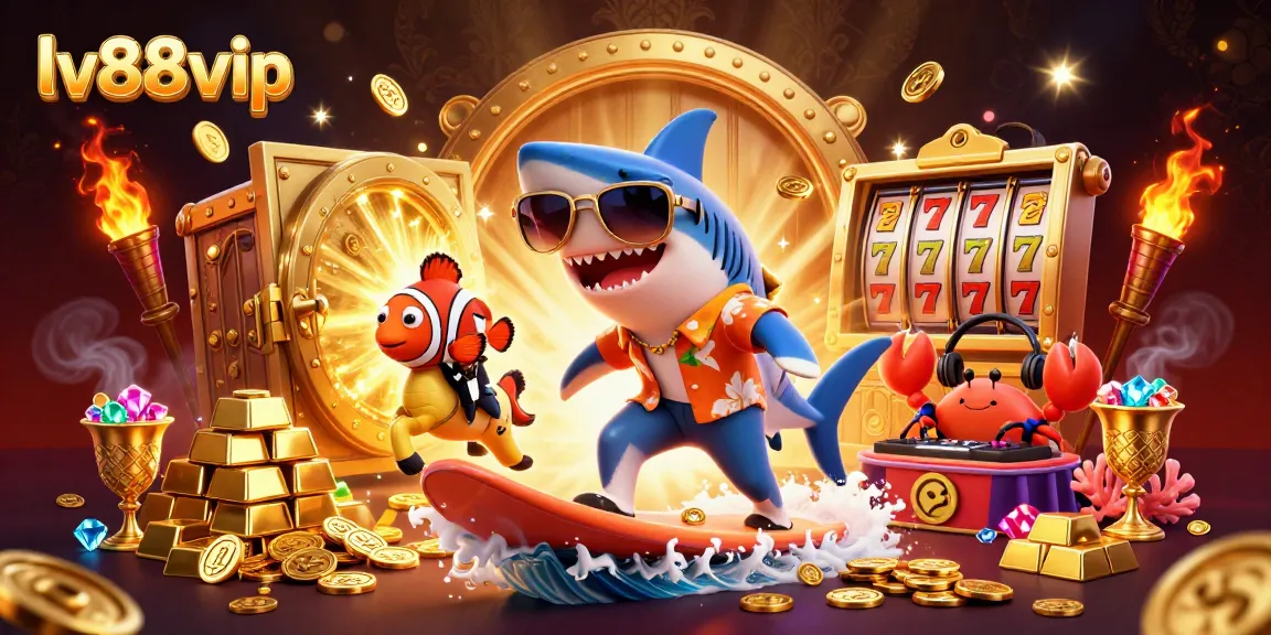 Experience the lv88vip excitement with a vibrant 3D casino scene featuring a surfing shark, gems, and dynamic slot elements.