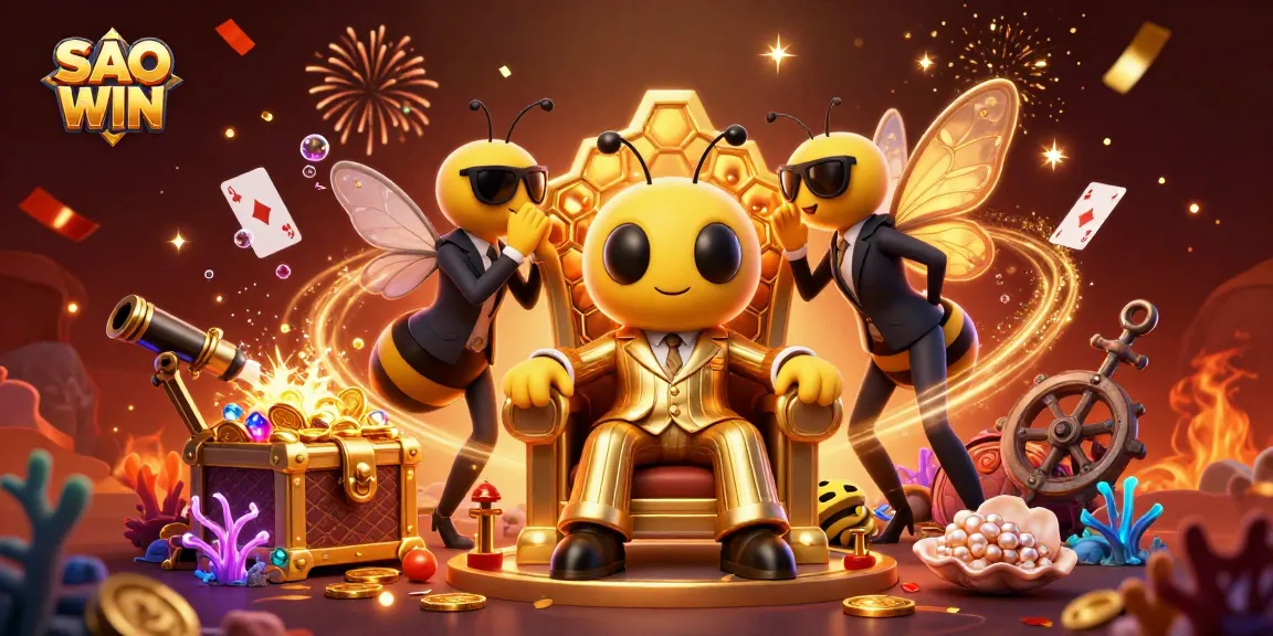 SAO WIN showcases a vibrant 3D casino scene with a bumblebee mob boss and treasures illustrating winning strategies.
