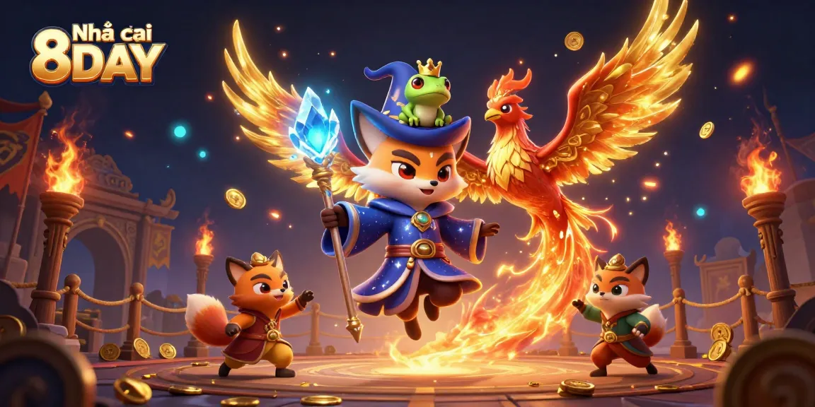 Experience thrilling action at Nhà cái 8DAY with vibrant visuals of casino adventures and mythical elements.