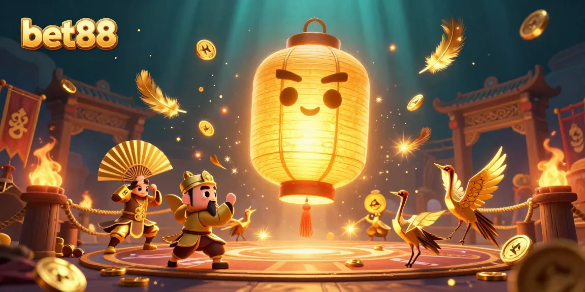 Bet88's lantern spirit illuminates an energetic casino scene filled with gold coins and gaming elements.