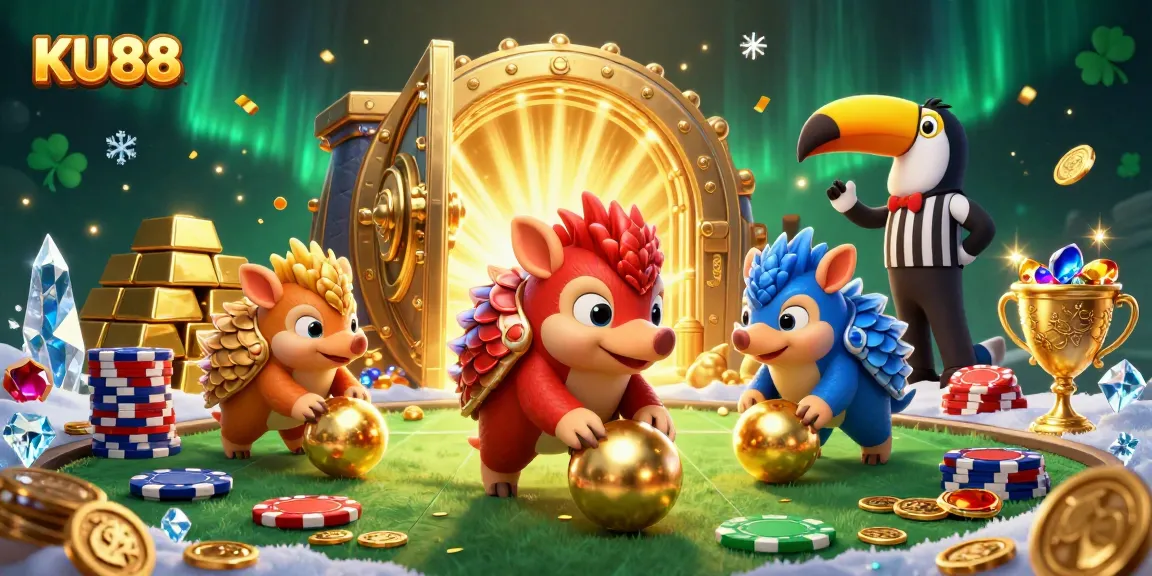 Play exciting games at KU88, where rival pangolins celebrate wins amidst poker chips and treasures.