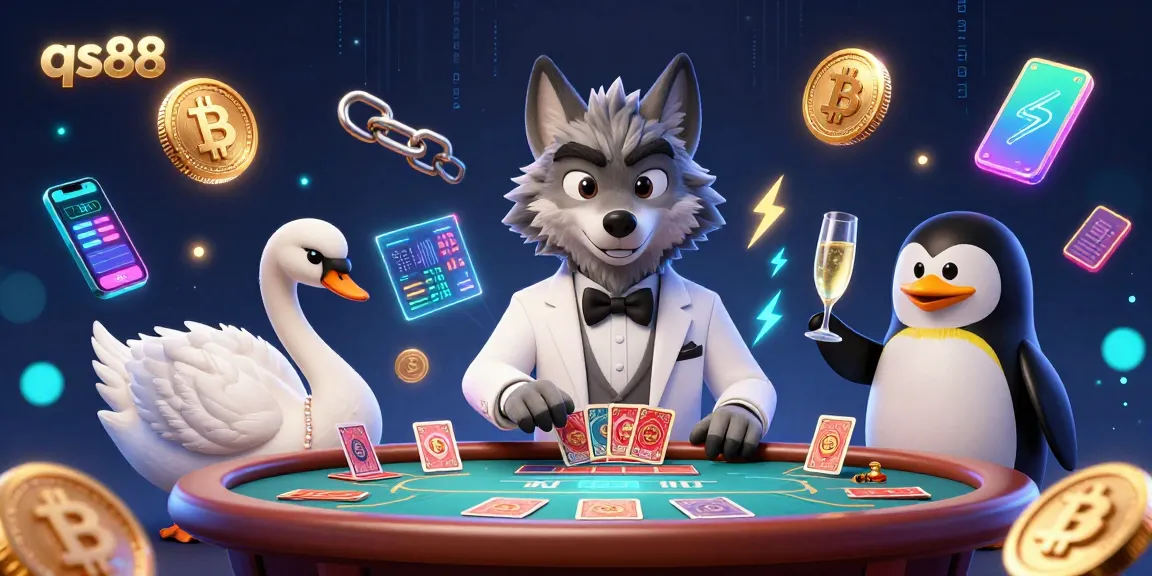 Experience thrilling gameplay at qs88, featuring a wolf, swan, and penguin in a 3D casino scene.