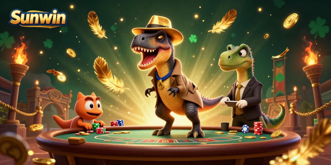 Sunwin casino scene featuring a velociraptor card counter at blackjack, with a stegosaurus pit boss and compy pickpocket.